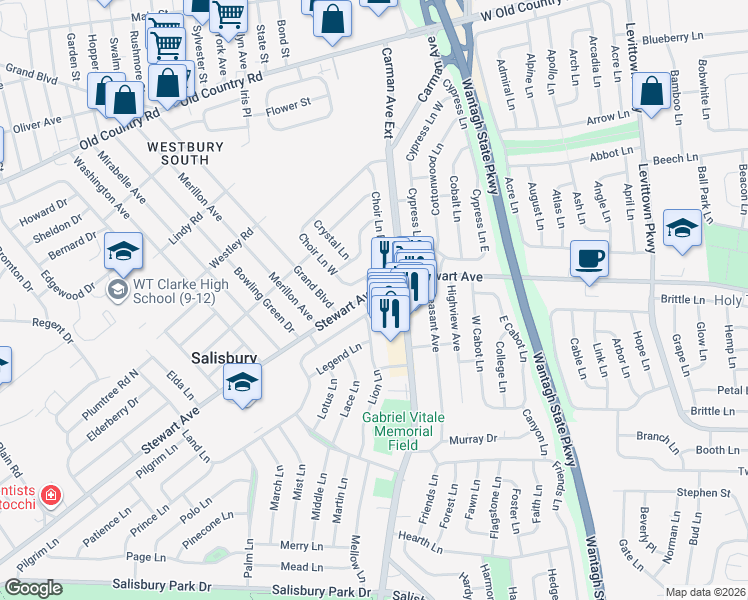 map of restaurants, bars, coffee shops, grocery stores, and more near 2530 Stewart Avenue in Westbury