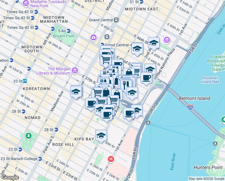 map of restaurants, bars, coffee shops, grocery stores, and more near 207 East 37th Street in New York
