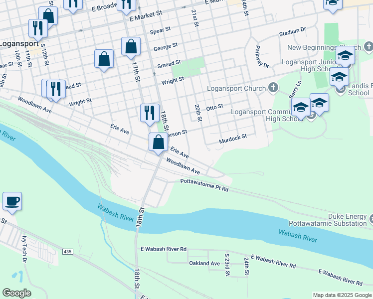 map of restaurants, bars, coffee shops, grocery stores, and more near 1138 19th Street in Logansport