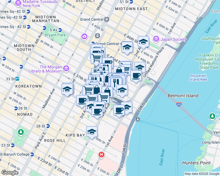 map of restaurants, bars, coffee shops, grocery stores, and more near 238 East 38th Street in New York