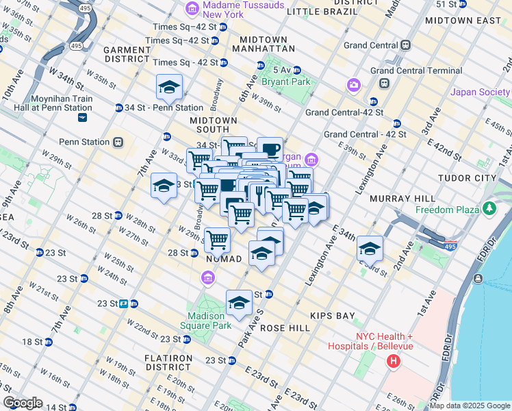 map of restaurants, bars, coffee shops, grocery stores, and more near 10E East 33rd Street in New York