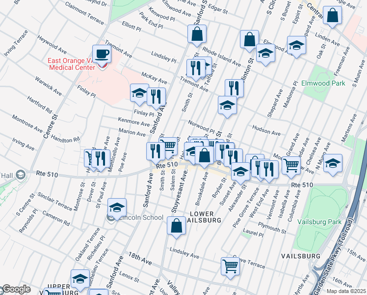 map of restaurants, bars, coffee shops, grocery stores, and more near 29 Halstead Street in Newark