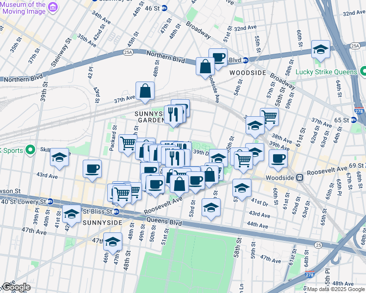 map of restaurants, bars, coffee shops, grocery stores, and more near 39-50 52nd Street in Queens