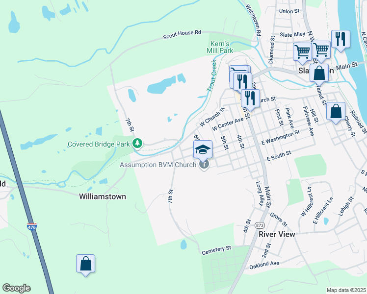 map of restaurants, bars, coffee shops, grocery stores, and more near 641 West Church Street in Slatington