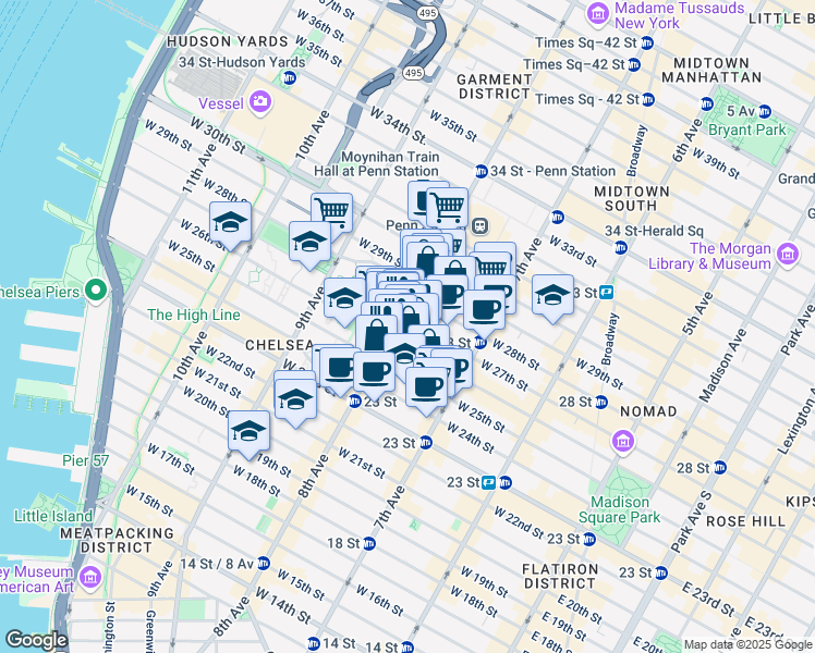map of restaurants, bars, coffee shops, grocery stores, and more near 256 West 27th Street in New York