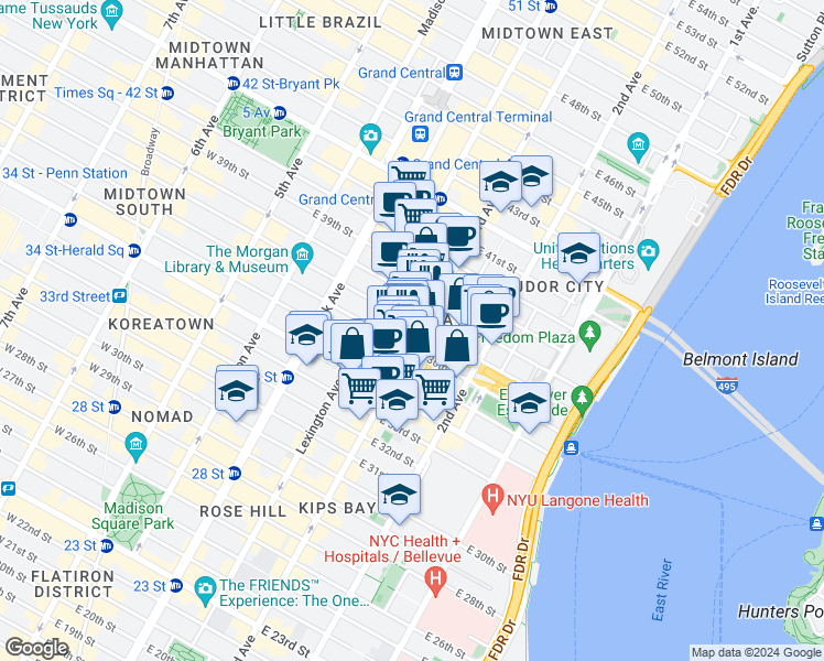 map of restaurants, bars, coffee shops, grocery stores, and more near 55456 3rd Avenue in New York