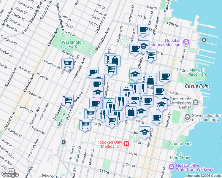map of restaurants, bars, coffee shops, grocery stores, and more near 480 8th Street in Hoboken