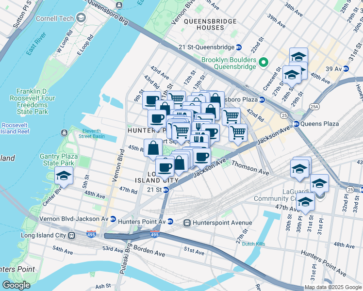 map of restaurants, bars, coffee shops, grocery stores, and more near 44-66 21st Street in Queens