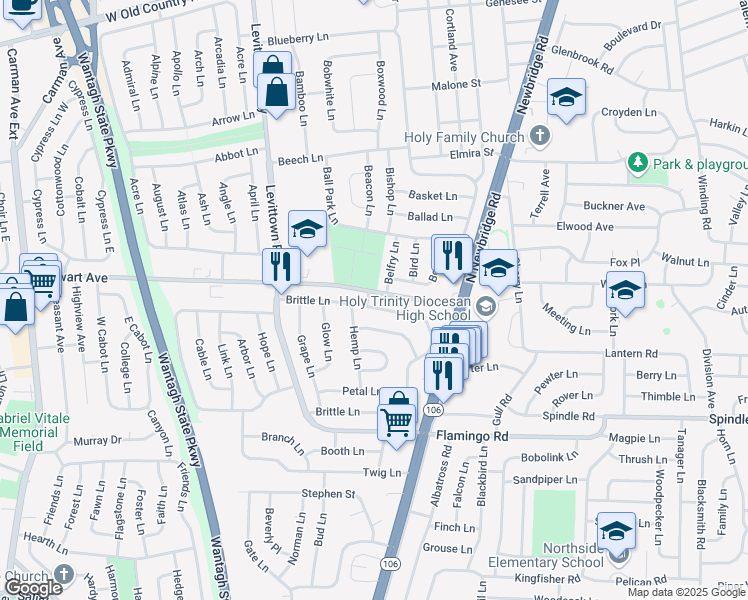 map of restaurants, bars, coffee shops, grocery stores, and more near 1 Key Lane in Hicksville