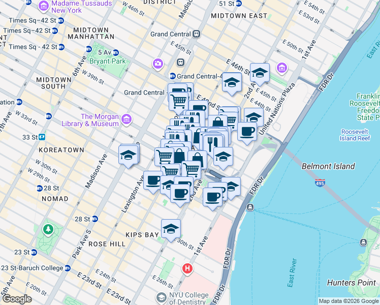 map of restaurants, bars, coffee shops, grocery stores, and more near in New York