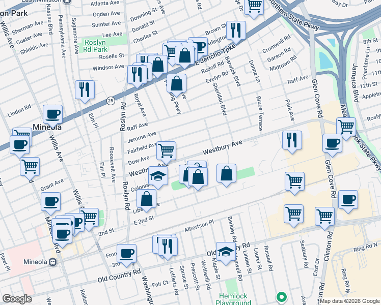 map of restaurants, bars, coffee shops, grocery stores, and more near 126 Westbury Avenue in Mineola
