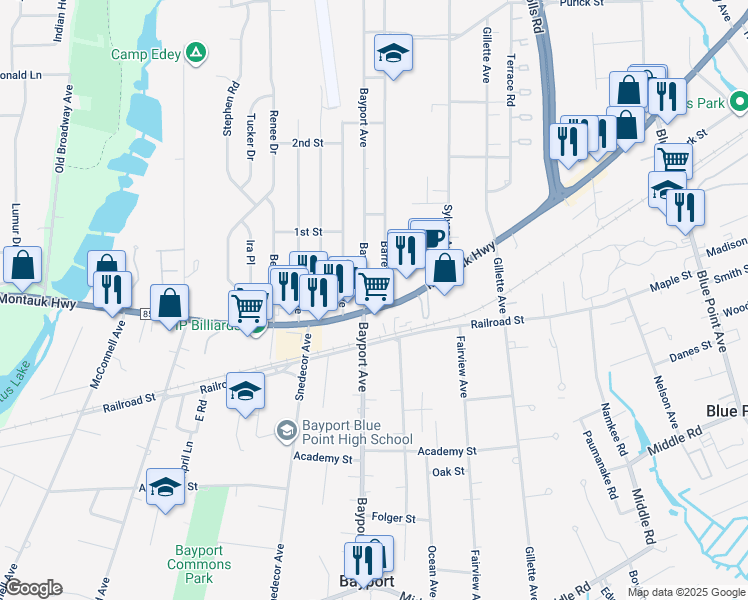 map of restaurants, bars, coffee shops, grocery stores, and more near 835 Montauk Highway in Bayport