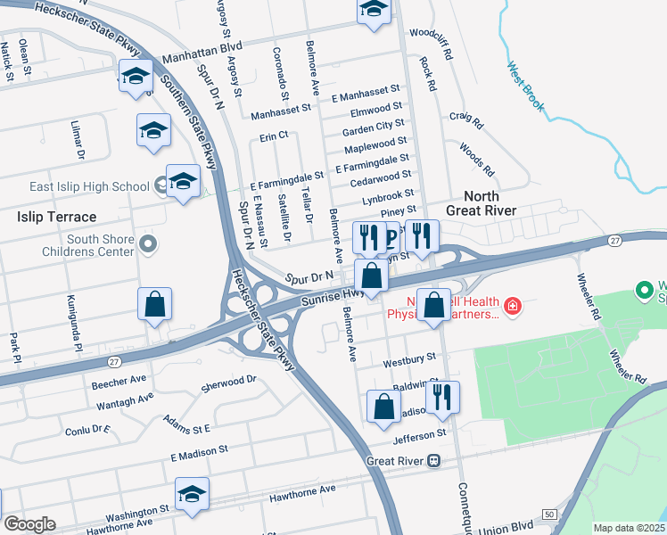 map of restaurants, bars, coffee shops, grocery stores, and more near 424 Belmore Ave in Islip Terrace