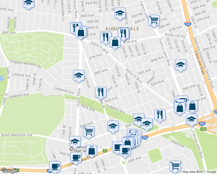 map of restaurants, bars, coffee shops, grocery stores, and more near 189-19 50th Avenue in Queens