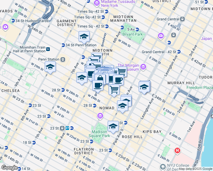 map of restaurants, bars, coffee shops, grocery stores, and more near 1250 Broadway in New York