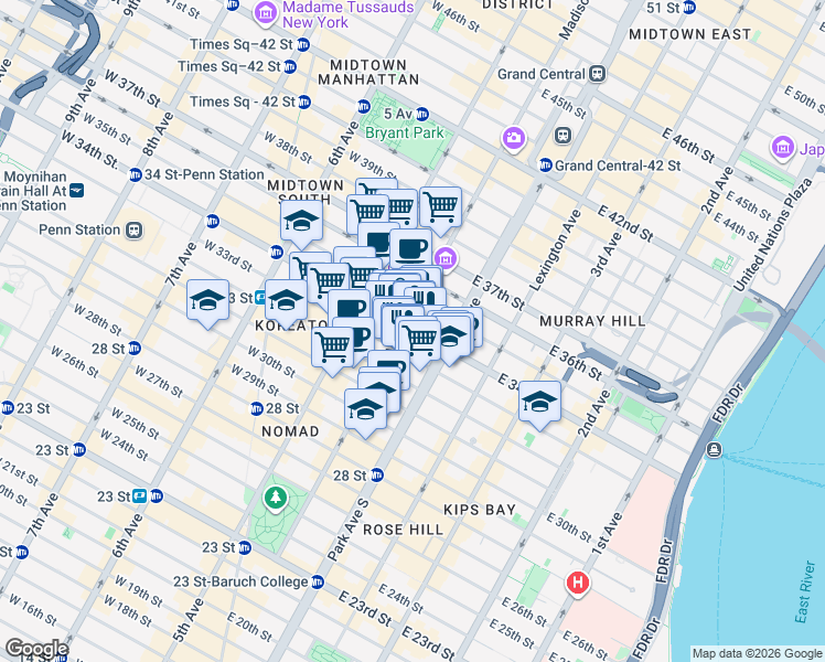 map of restaurants, bars, coffee shops, grocery stores, and more near in New York