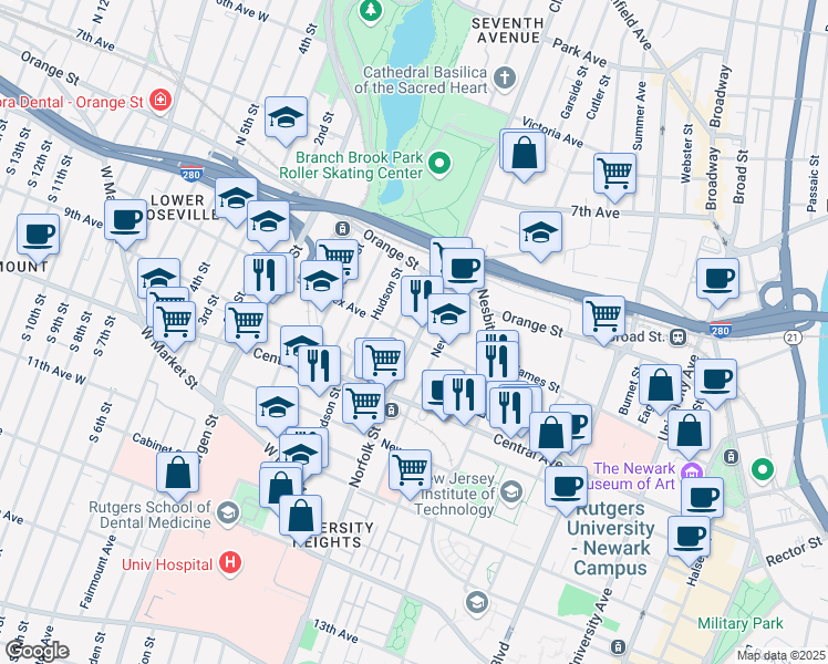 map of restaurants, bars, coffee shops, grocery stores, and more near 169 Sussex Avenue in Newark