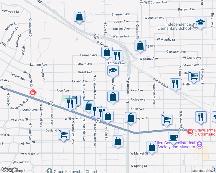 map of restaurants, bars, coffee shops, grocery stores, and more near 708 N Cole St in Lima