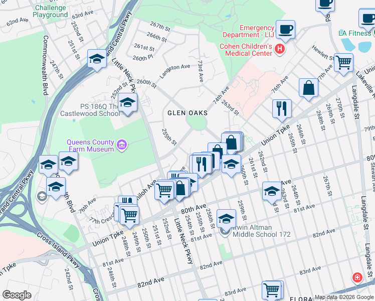 map of restaurants, bars, coffee shops, grocery stores, and more near 255-1 75th Avenue in Queens