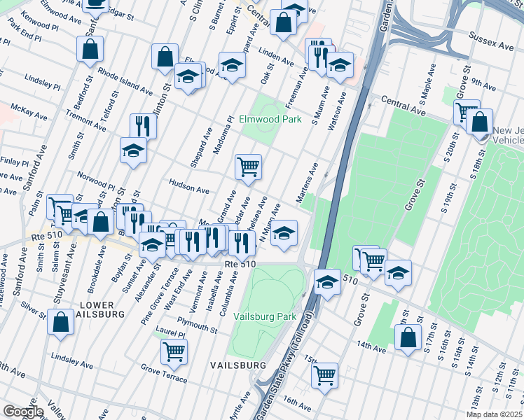 map of restaurants, bars, coffee shops, grocery stores, and more near 80 Chelsea Avenue in Newark