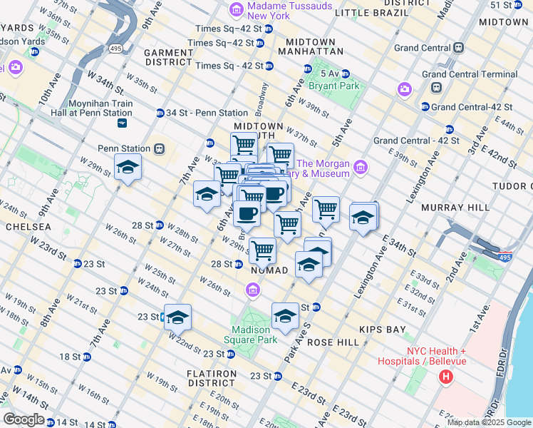 map of restaurants, bars, coffee shops, grocery stores, and more near 1250 Broadway in New York