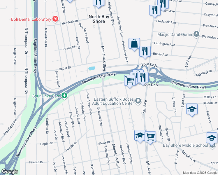 map of restaurants, bars, coffee shops, grocery stores, and more near 218 Spur Drive South in Bay Shore