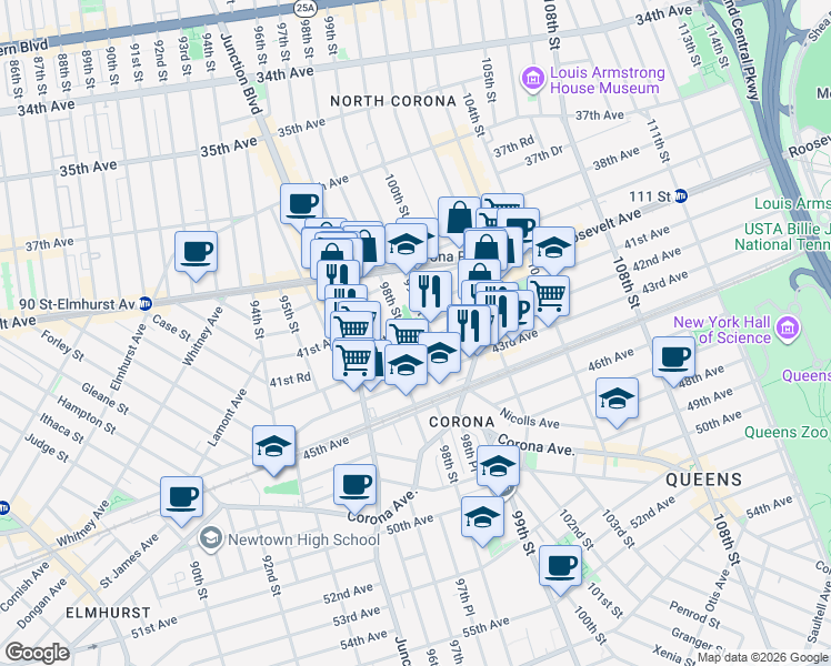 map of restaurants, bars, coffee shops, grocery stores, and more near 98-12 41st Avenue in Queens