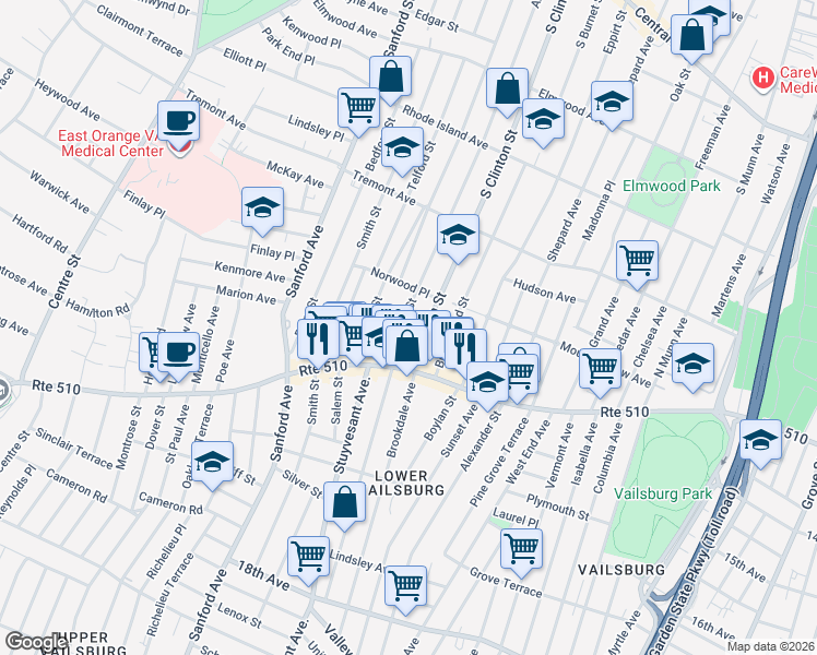 map of restaurants, bars, coffee shops, grocery stores, and more near 538 Norwood Street in East Orange