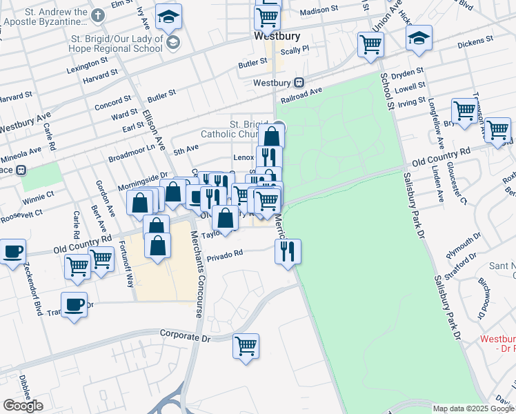 map of restaurants, bars, coffee shops, grocery stores, and more near 61 Old Country Road in Westbury