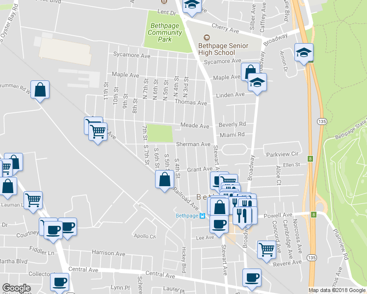 map of restaurants, bars, coffee shops, grocery stores, and more near 33 Sherman Avenue in Bethpage