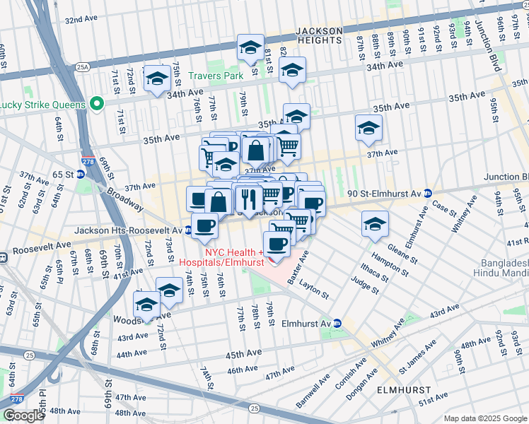 map of restaurants, bars, coffee shops, grocery stores, and more near 79-05 Roosevelt Avenue in Queens