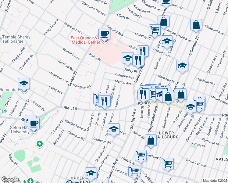 map of restaurants, bars, coffee shops, grocery stores, and more near 53 Monticello Avenue in Newark