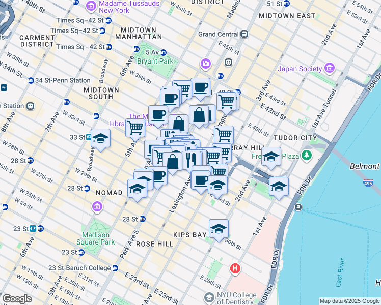map of restaurants, bars, coffee shops, grocery stores, and more near 132 East 35th Street in New York