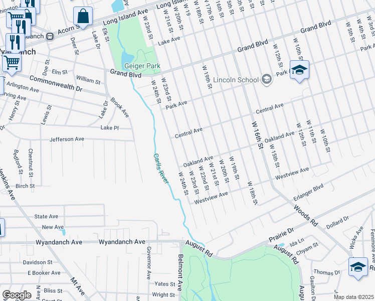 map of restaurants, bars, coffee shops, grocery stores, and more near 253 West 23rd Street in Deer Park