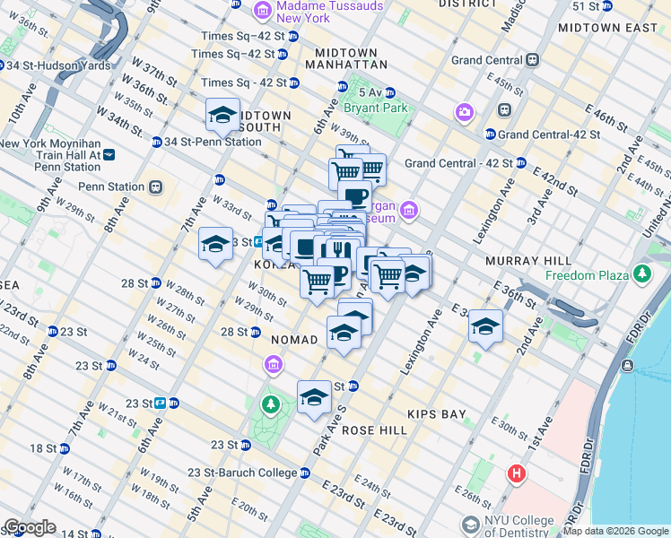 map of restaurants, bars, coffee shops, grocery stores, and more near 333 5th Avenue in New York