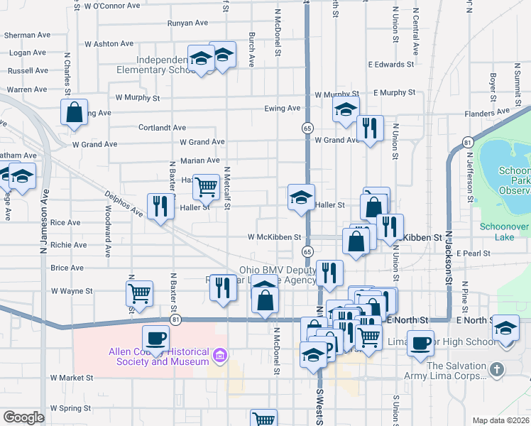 map of restaurants, bars, coffee shops, grocery stores, and more near 411 Haller St in Lima