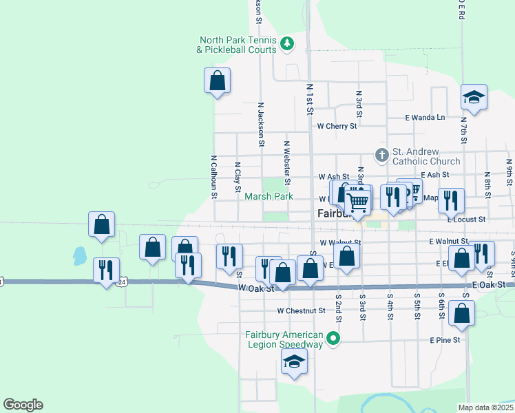 map of restaurants, bars, coffee shops, grocery stores, and more near 110 North Jackson Street in Fairbury