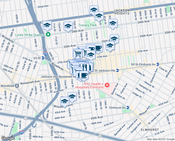 map of restaurants, bars, coffee shops, grocery stores, and more near 76-01 Roosevelt Avenue in Queens