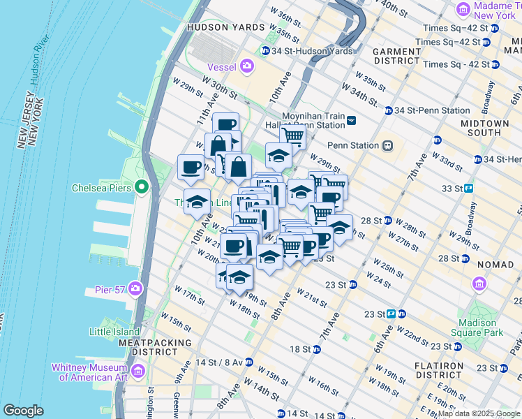 map of restaurants, bars, coffee shops, grocery stores, and more near 233 9th Avenue in New York