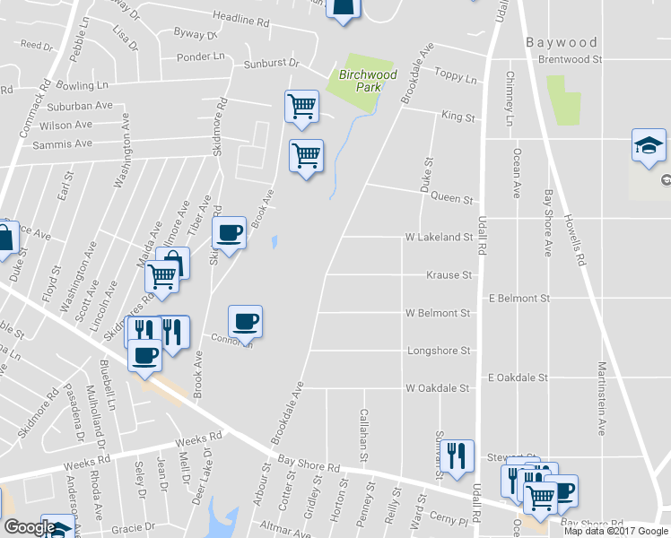 map of restaurants, bars, coffee shops, grocery stores, and more near 51 Krause Street in Bay Shore