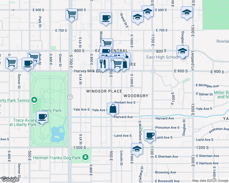map of restaurants, bars, coffee shops, grocery stores, and more near 992-994 900 East in Salt Lake City