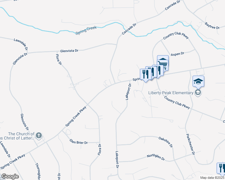 map of restaurants, bars, coffee shops, grocery stores, and more near 196 Spring Creek Parkway in Spring Creek