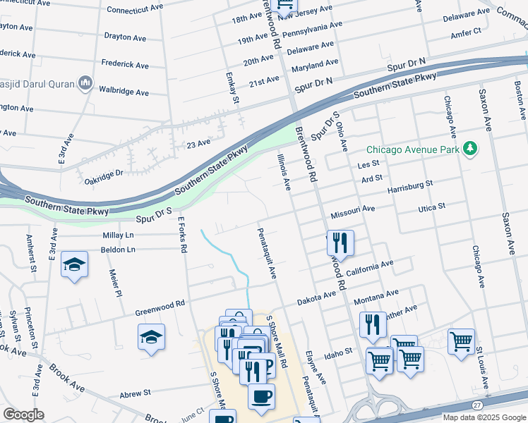 map of restaurants, bars, coffee shops, grocery stores, and more near 188 Newbrook Lane in Bay Shore