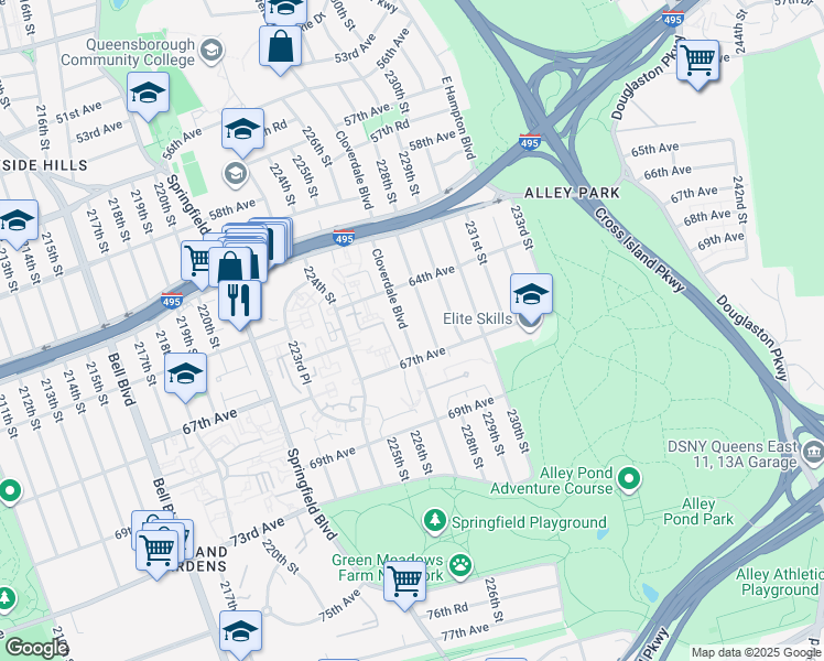map of restaurants, bars, coffee shops, grocery stores, and more near 64-56 228th Street in Queens