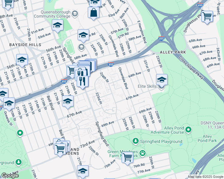 map of restaurants, bars, coffee shops, grocery stores, and more near 64-39 224 Street in Queens