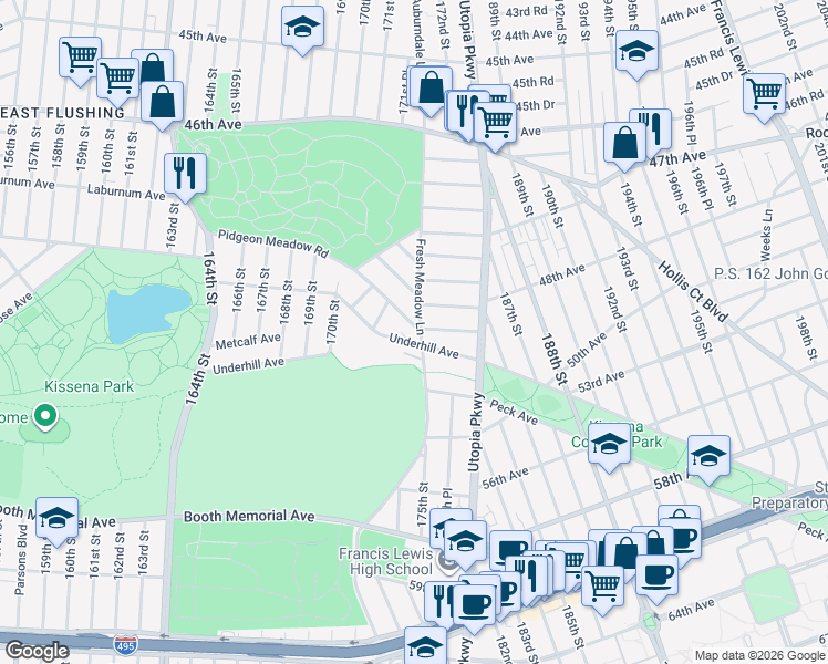 map of restaurants, bars, coffee shops, grocery stores, and more near 171-21 Underhill Avenue in Queens