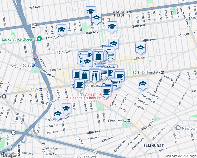 map of restaurants, bars, coffee shops, grocery stores, and more near in Queens