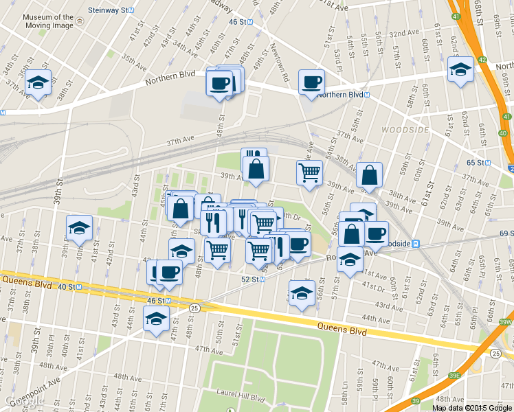 map of restaurants, bars, coffee shops, grocery stores, and more near 39-50 52nd Street in Queens