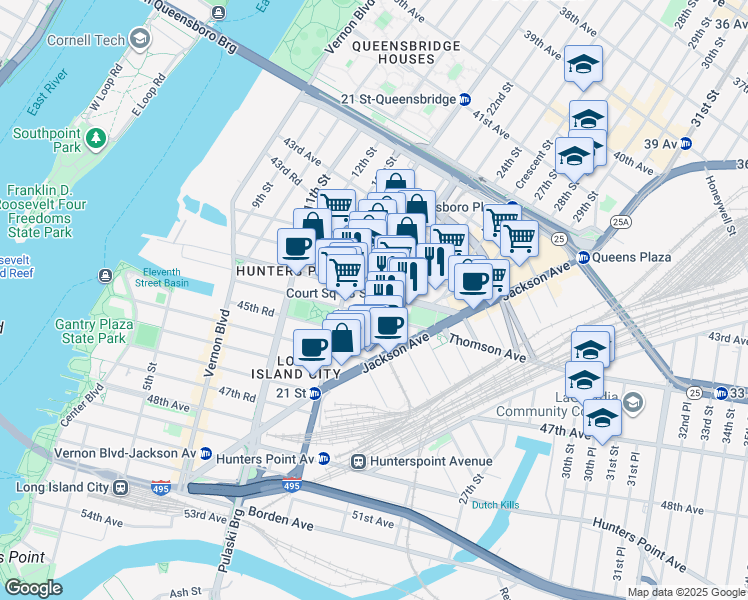 map of restaurants, bars, coffee shops, grocery stores, and more near 21-51 44th Drive in Queens