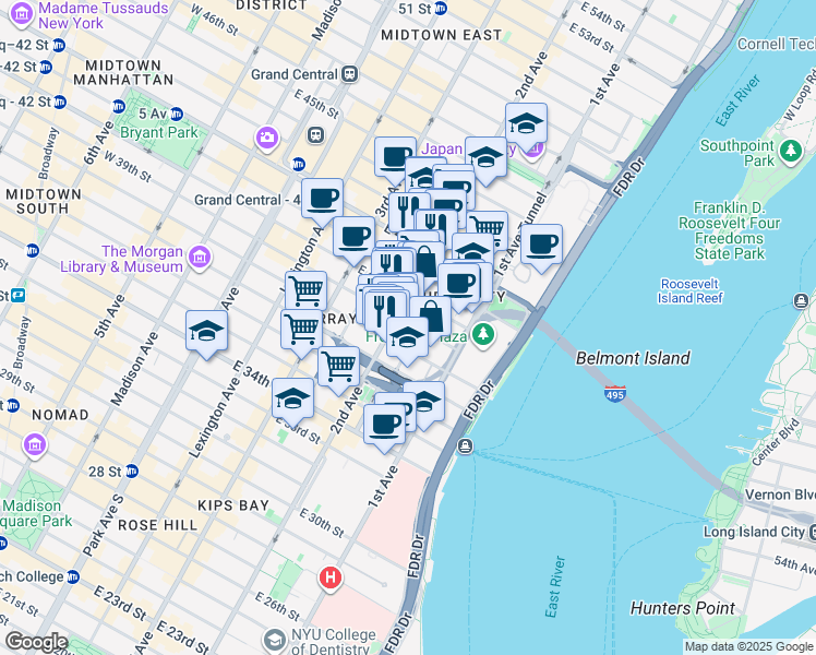 map of restaurants, bars, coffee shops, grocery stores, and more near 322 East 39th Street in New York